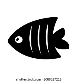 Tropical fish in black silhouette isolated single object on white background. Underwater sea life design element. Pet store icon or logo. Summer clip art. Aquarium tank. Simple flat cartoon style.