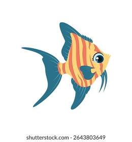 A tropical fish with bright orange stripes and long fins in a cartoon style. Great for children's illustrations, marine themes and educational materials.