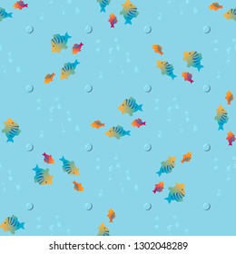 tropical fish and bubbles on a blue background. Seamless pattern