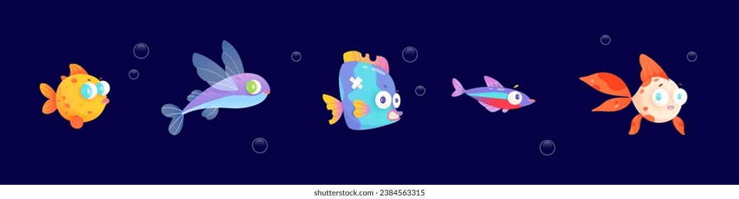 Tropical fish characters set vector illustration. Cartoon aquarium or wild underwater marine animals, cute baby goldfishes, flying fish on dark blue background of sea or ocean water with bubbles