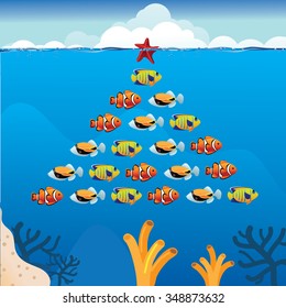 Tropical fish Christmas tree. EPS 10 vector royalty free illustration.