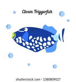 Tropical fish Clown Triggerfish - Balistoides conspicillum in white Background. With blue bubbless. Cartoon sea character. design for education card, print clother, ocean party, baby room poster.
