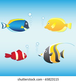 Tropical fish collection (anemone fish, butterfly fish, moorish idol, blue tang), vector illustration