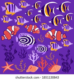 Tropical fish collection. Cute cartoon underwater creatures, shells and seawead on purple background. Vector illustration.