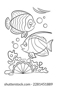 Tropical fish coloring book. Underwater world outline. Sea creatures drawing. Animals coloring page. Fish outline