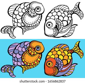 Tropical fish coloring page. Colorful illustration of stylized fantastic fish.Underwater world. Anti-stress coloring for adult and children. Vector illustration. EPS 8