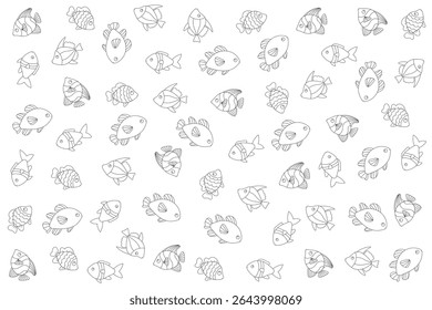 Tropical fish coloring page with hand-drawn underwater animals. Ocean-themed vector illustration for kids activities and marine life fun.