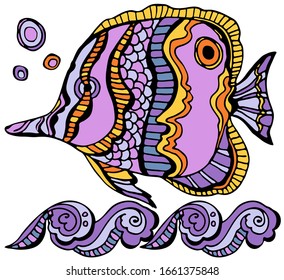 Tropical fish coloring page. Сolored. Underwater world. Anti-stress coloring for adult and children. Vector illustration. EPS 8