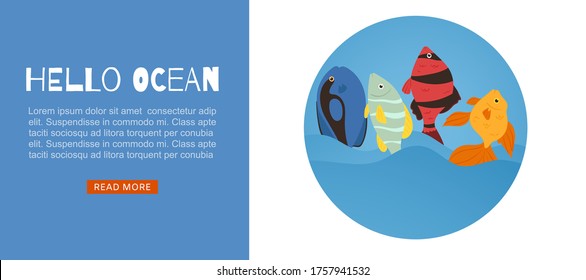 Tropical fish coral reef for travel agency web template cartoon fishes vector illustration. Exotic sea and ocean vacation with colorful fish website.