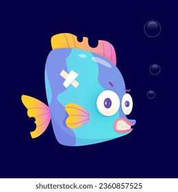 Tropical fish of coral reef vector illustration. Cartoon isolated aquarium or underwater cute animal with adhesive plaster on wound, wild small baby fish character on dark blue background of sea water