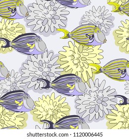 Tropical fish and corals. Seamless pattern, vector illustration.