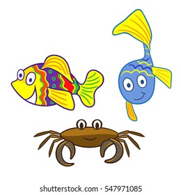 Tropical fish and crab. Smiling colorful cartoon characters