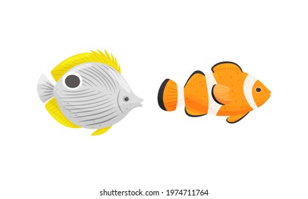 Tropical Fish of Different Shapes and Colors Vector Set