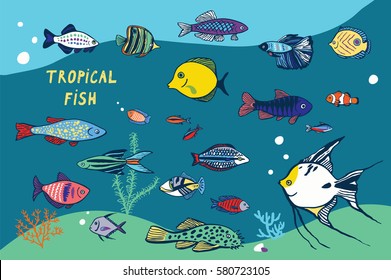 tropical fish hand drawn set