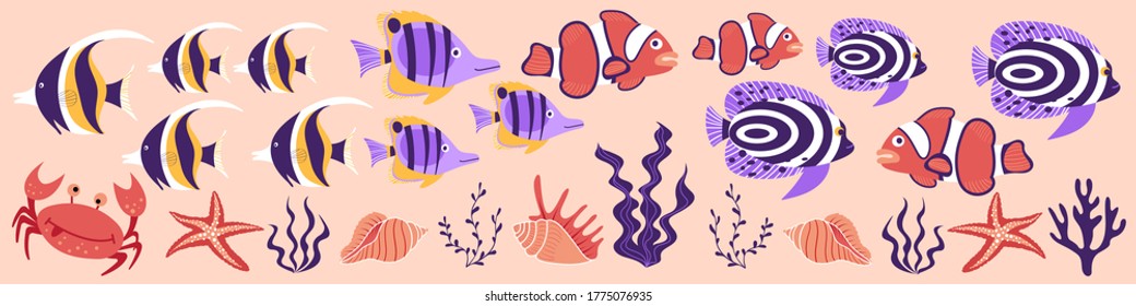 Tropical fish horizontal web banner. Cute cartoon underwater creatures on pink background. Vector illustration.