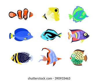 Tropical fish icons. Flat style vector illustration. 