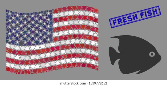 Tropical fish items are grouped into American flag collage with blue rectangle rubber stamp seal of Fresh Fish phrase.