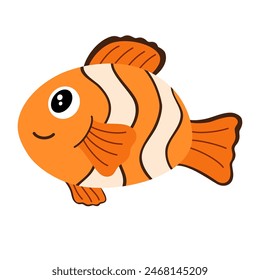 Tropical fish. Marine striped clownfish swimming undersea, underwater. Small exotic aquarium animal, percula. Flat vector illustration