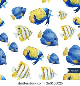 tropical, fish, ocean, sea, watercolor, wallpaper, background, texture, blue, yellow, 