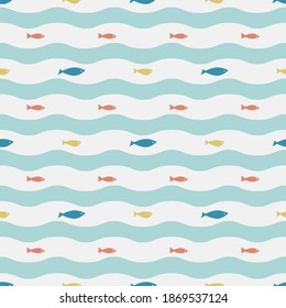 Tropical fish in the ocean, simple seamless pattern. Vector background marine theme.
