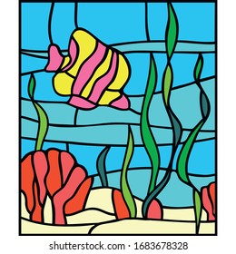 Tropical fish in the ocean/sea, coral, sand, sea weed, vector illustration, stained glass window design