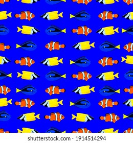 tropical fish on a blue background, seamless pattern, drawing