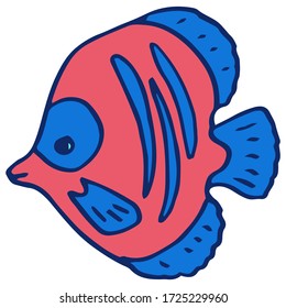 Tropical fish on white isolated backdrop. Coral reef fish for invitation and gift card, tattoo parlor or pet shop logo, bath tile. Phone case or cloth print art. Doodle style stock vector illustration