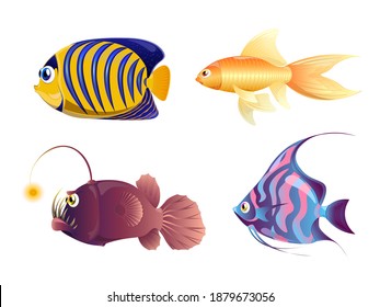 Tropical fish realistic set. Multi-colored set of nine different types of coral reef fishes.