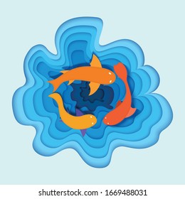 Tropical fish sea, flat ocean minnow, concept cutting paper vector illustration. Saltwater fish swim in seaside. Design web banner, poster and greeting card ocean.