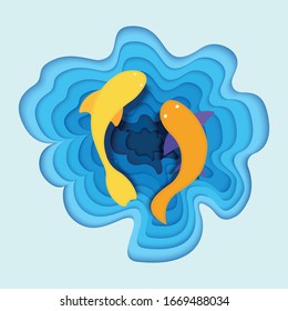 Tropical fish sea, flat ocean minnow, concept cutting paper vector illustration. Saltwater fish swim in seaside. Design web banner, poster and greeting card ocean.