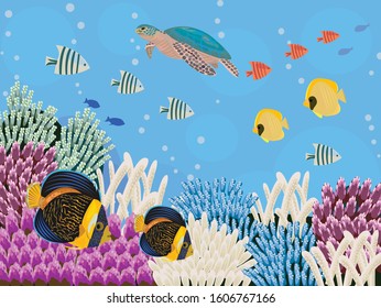 Tropical fish and sea turtle. And coral. Cartoon.
