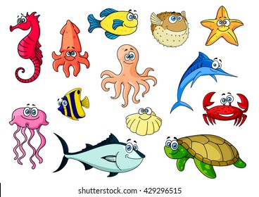 Tropical fish, sea turtle and shell, crab, octopus, starfish, squid, red seahorse and pink jellyfish, blue marlin and tuna. Sea animals characters for mascot, zoo aquarium or nature design usage 