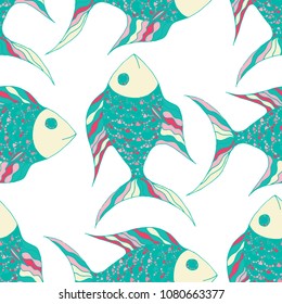 Tropical Fish. Seamless Pattern with Colorful Fish Hand Drawn in Doodle Style. Sea Pattern for Textile, Fabric, Print. Bright Simple Texture in Trendy Colors. Vector Illustration.