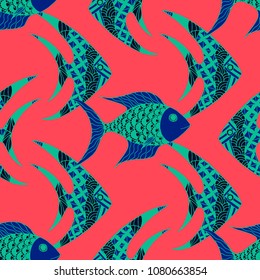 Tropical Fish. Seamless Pattern with Colorful Fish Hand Drawn in Comic Style. Sea Pattern for Paper, Chintz, Print. Bright Simple Texture in Trendy Colors. Vector Illustration.