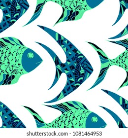 Tropical Fish. Seamless Pattern with Colorful Fish Hand Drawn in Doodle Style. Sea Pattern for Textile, Fabric, Print. Bright Simple Texture in Trendy Colors. Vector Illustration.