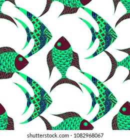Tropical Fish. Seamless Pattern with Colorful Fish Hand Drawn in Zentangle Style. Sea Pattern for Paper, Chintz, Print. Bright Simple Texture in Trendy Colors. Vector Illustration.