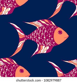 Tropical Fish. Seamless Pattern with Colorful Fish Hand Drawn in Primitive Style. Sea Pattern for Paper, Fabric, Print. Bright Simple Texture in Trendy Colors. Vector Illustration.