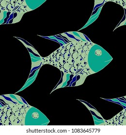 Tropical Fish. Seamless Pattern with Colorful Fish Hand Drawn in Childish Style. Sea Pattern for Paper, Chintz, Print. Bright Simple Texture in Trendy Colors. Vector Illustration.