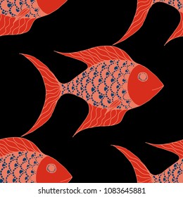 Tropical Fish. Seamless Pattern with Colorful Fish Hand Drawn in Comic Style. Sea Pattern for Paper, Fabric, Print. Bright Simple Texture in Trendy Colors. Vector Illustration.