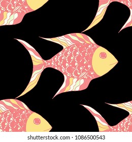 Tropical Fish. Seamless Pattern with Colorful Fish Hand Drawn in Comic Style. Sea Pattern for Paper, Chintz, Print. Bright Simple Texture in Trendy Colors. Vector Illustration.