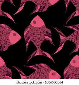 Tropical Fish. Seamless Pattern with Colorful Fish Hand Drawn in Primitive Style. Sea Pattern for Textile, Fabric, Print. Bright Simple Texture in Trendy Colors. Vector Illustration.