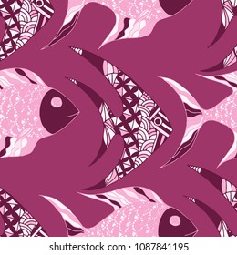 Tropical Fish. Seamless Pattern with Colorful Fish Hand Drawn in Zentangle Style. Sea Pattern for Textile, Fabric, Print. Bright Simple Texture in Trendy Colors. Vector Illustration.