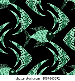 Tropical Fish. Seamless Pattern with Colorful Fish Hand Drawn in Comic Style. Sea Pattern for Paper, Fabric, Print. Bright Simple Texture in Trendy Colors. Vector Illustration.