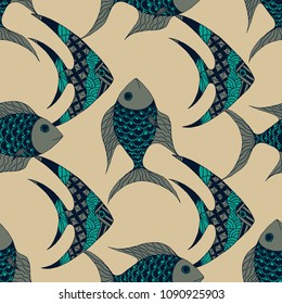 Tropical Fish. Seamless Pattern with Colorful Fish Hand Drawn in Comic Style. Sea Pattern for Paper, Fabric, Print. Bright Simple Texture in Trendy Colors. Vector Illustration.