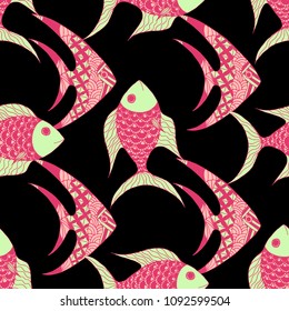 Tropical Fish. Seamless Pattern with Colorful Fish Hand Drawn in Comic Style. Sea Pattern for Textile, Fabric, Print. Bright Simple Texture in Trendy Colors. Vector Illustration.