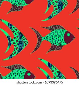 Tropical Fish. Seamless Pattern with Colorful Fish Hand Drawn in Childish Style. Sea Pattern for Paper, Fabric, Print. Bright Simple Texture in Trendy Colors. Vector Illustration.