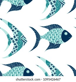 Tropical Fish. Seamless Pattern with Colorful Fish Hand Drawn in Comic Style. Sea Pattern for Textile, Fabric, Print. Bright Simple Texture in Trendy Colors. Vector Illustration.