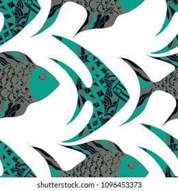 Tropical Fish. Seamless Pattern with Colorful Fish Hand Drawn in Primitive Style. Sea Pattern for Paper, Fabric, Print. Bright Simple Texture in Trendy Colors. Vector Illustration.