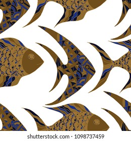Tropical Fish. Seamless Pattern with Colorful Fish Hand Drawn in Doodle Style. Sea Pattern for Textile, Fabric, Print. Bright Simple Texture in Trendy Colors. Vector Illustration.