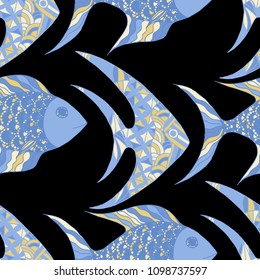 Tropical Fish. Seamless Pattern with Colorful Fish Hand Drawn in Doodle Style. Sea Pattern for Paper, Fabric, Print. Bright Simple Texture in Trendy Colors. Vector Illustration.
